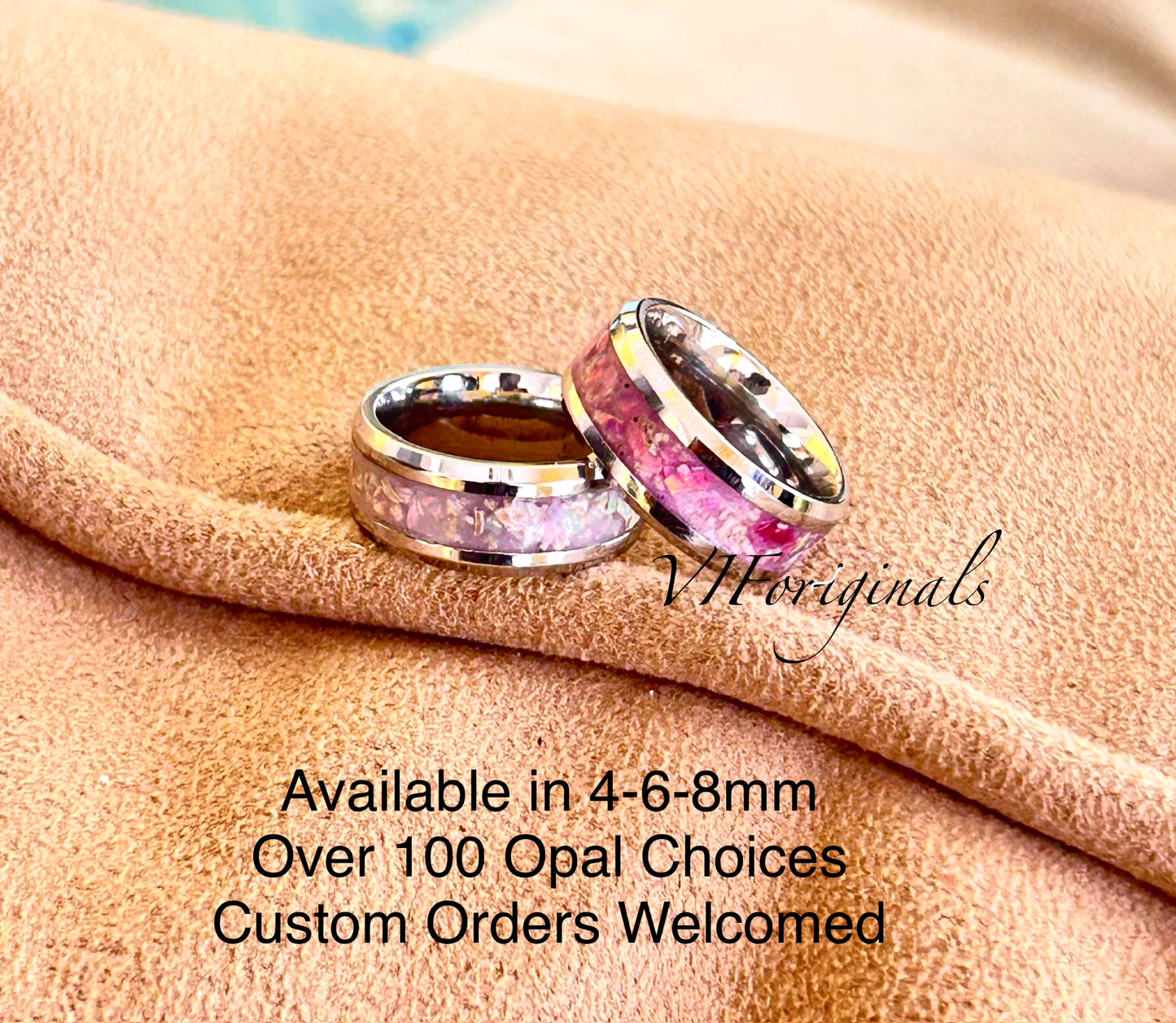 Cremation Ashes Ring Band, Custom Memorial Ash Inlay Ring in Stainless Steel Opal Mix Keepsake Jewelry