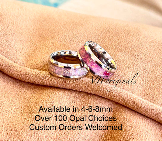 Cremation Ashes Ring Band, Custom Memorial Ash Inlay Ring in Stainless Steel Opal Mix Keepsake Jewelry