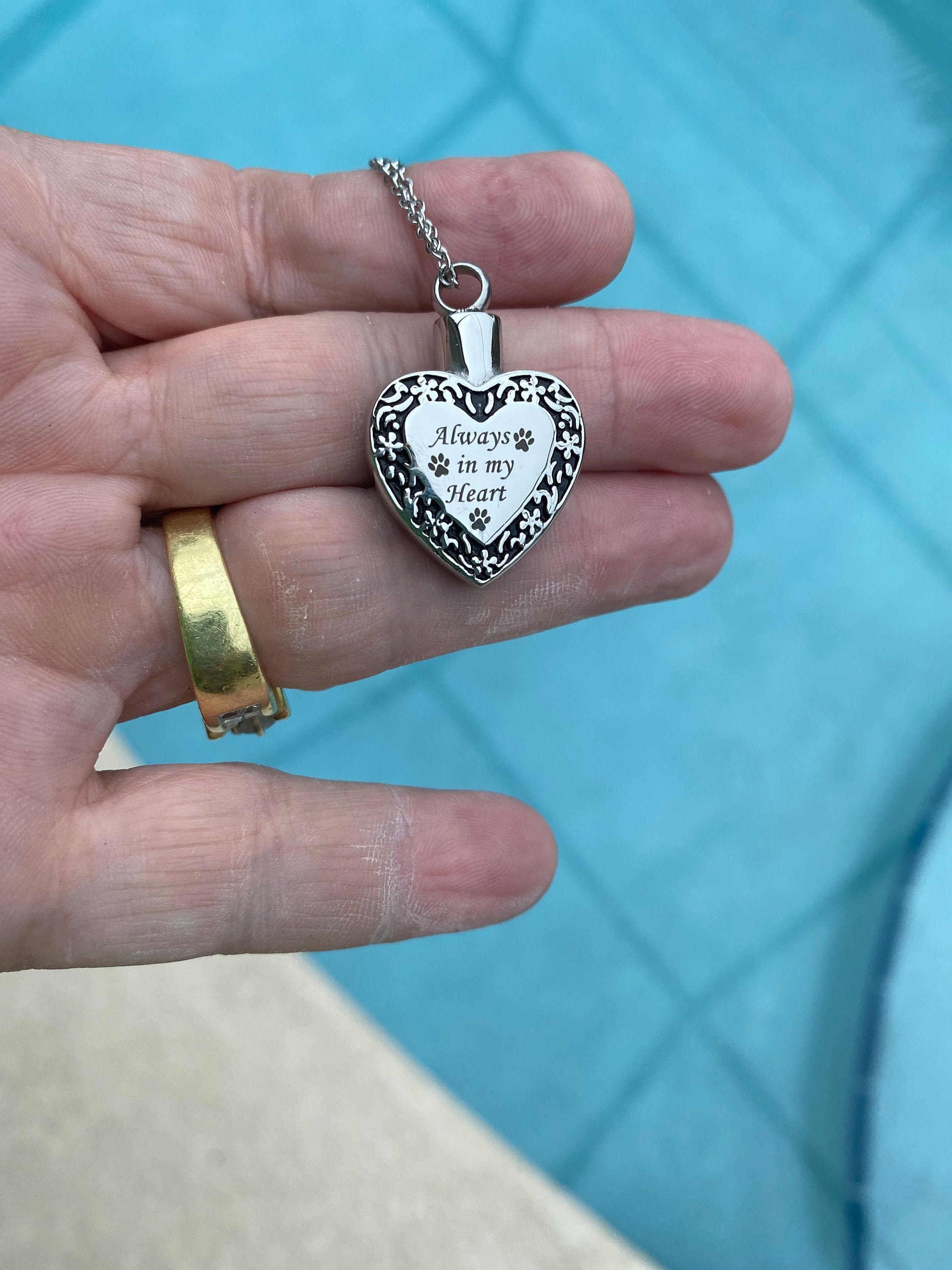 Pet Cremation Urn Necklace: Stainless Steel Heart Locket, Paw Prints