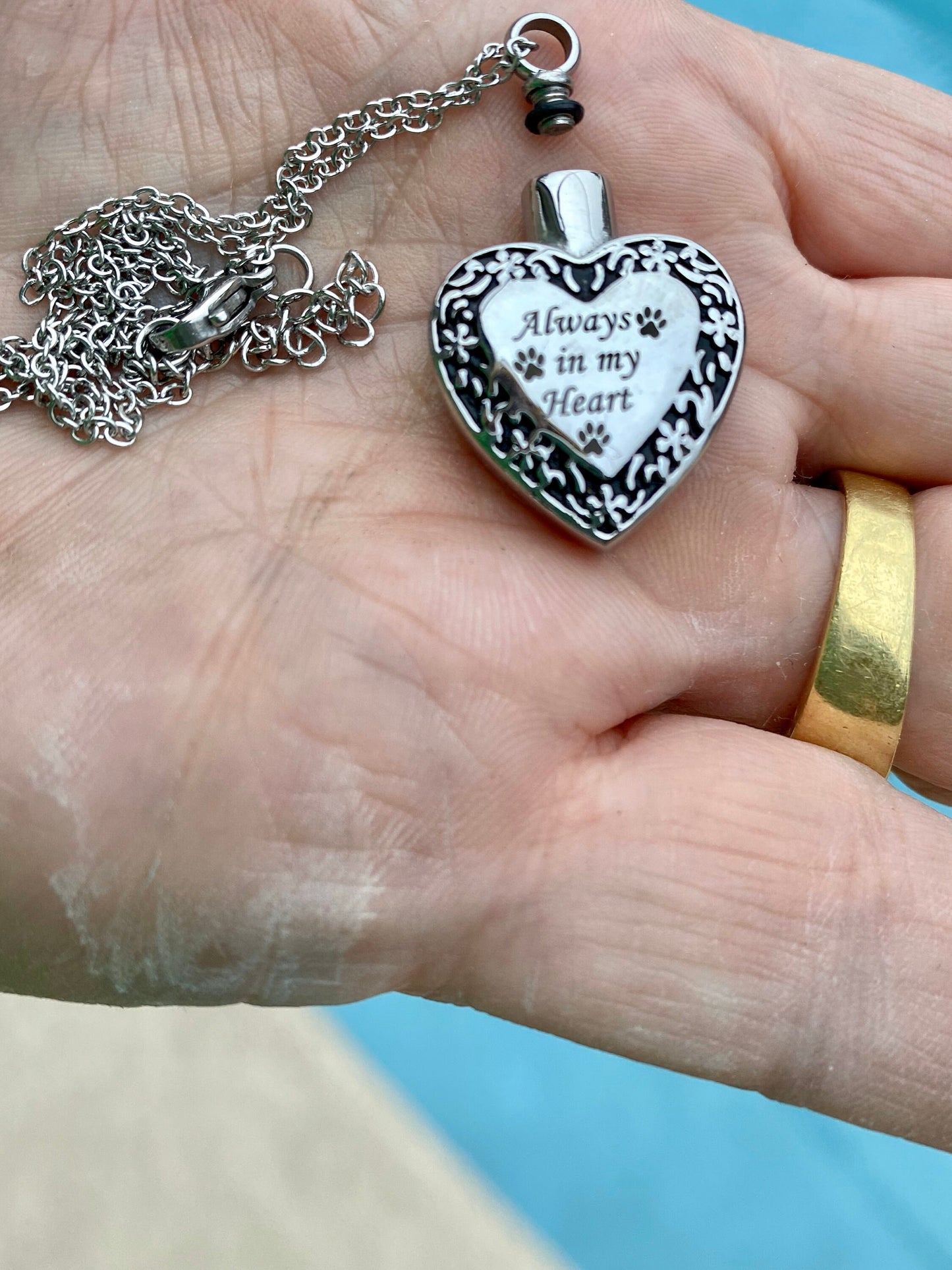 Pet Cremation Urn Necklace: Stainless Steel Heart Locket, Paw Prints
