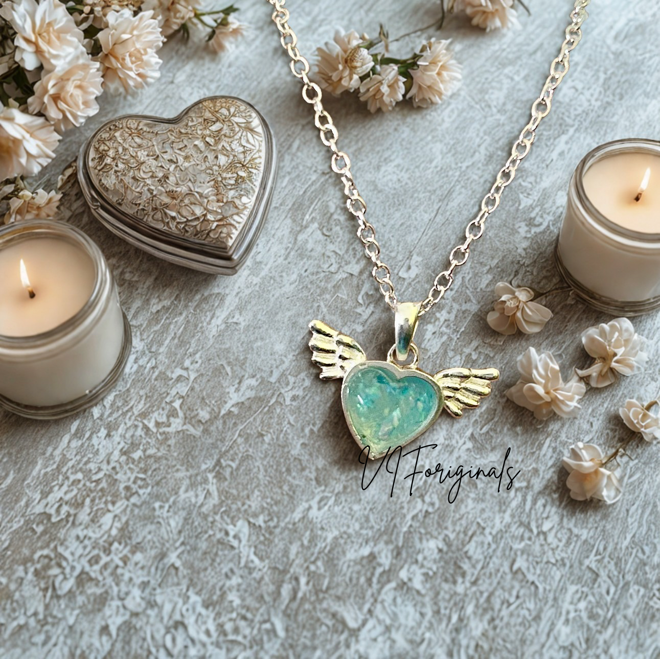 Angel Wing Ash Necklace, Human, Pet Memorial Jewelry, Ashes keepsake, Heart Necklace for ashes, Sterling Silver, Gold Cremation Jewelry with Opal