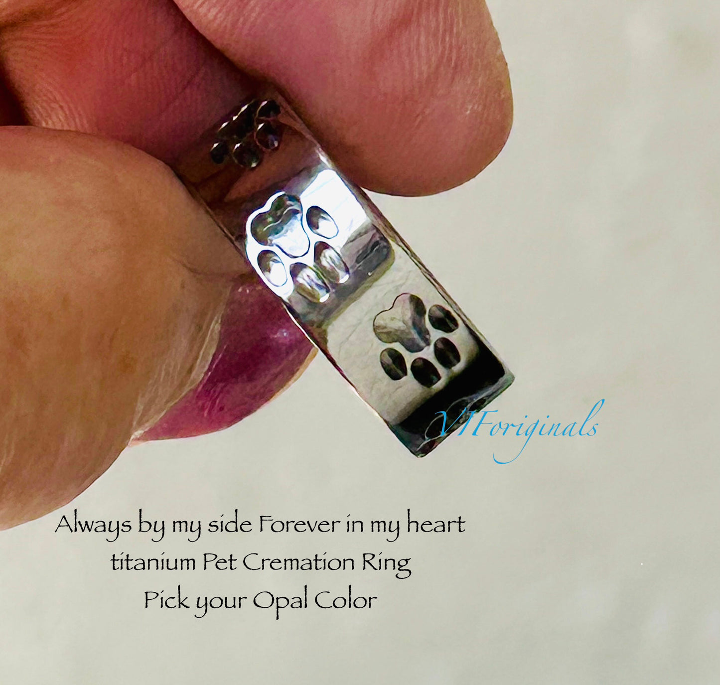 Custom Paw Print Pet Cremation Ring with Ashes – Titanium Memorial Ring -Band for Dog/Cat Lost