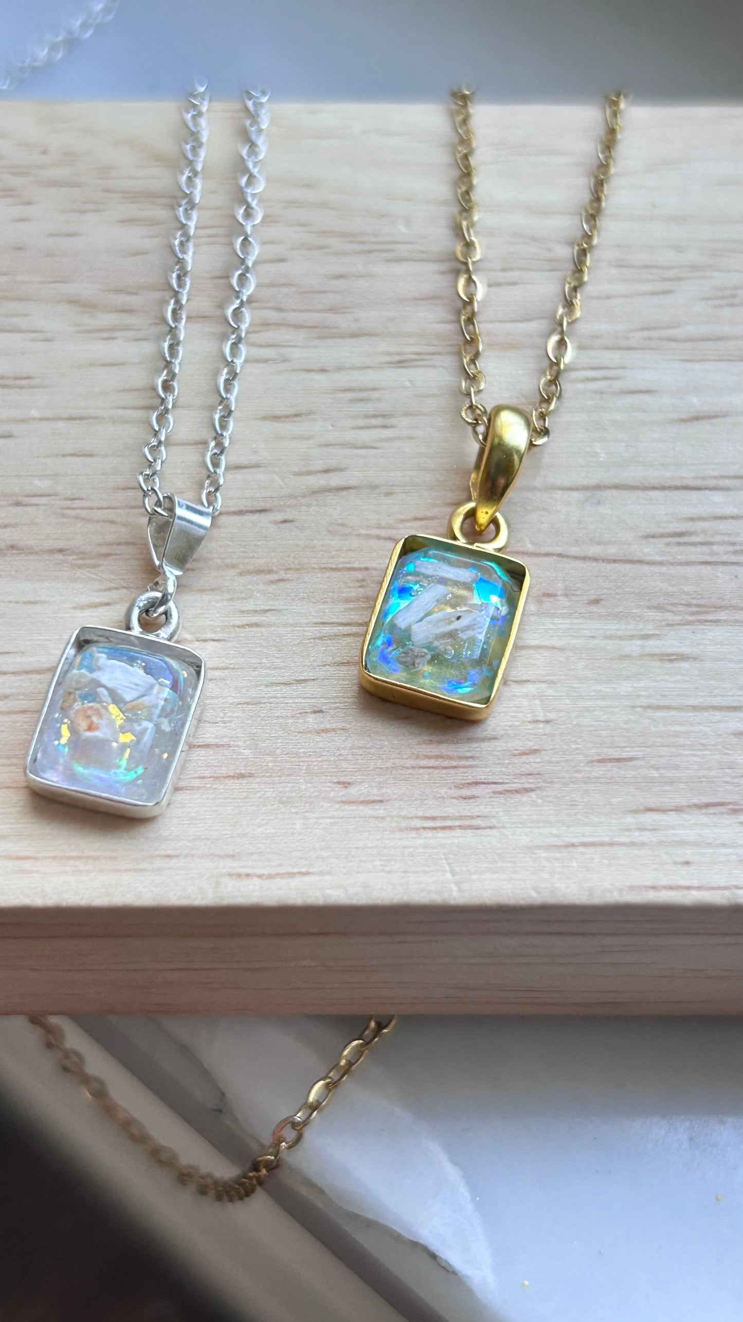 Custom Cremation Ashes Necklace, Sterling Silver Square Pendant with Iridescent Glow, Handmade Memorial Jewelry,Remembrance Jewelry