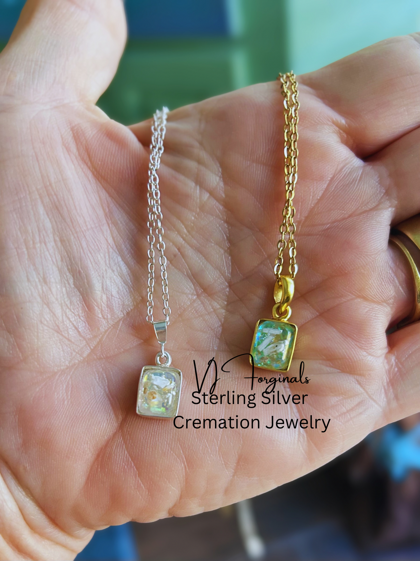 Custom Cremation Ashes Necklace, Sterling Silver Square Pendant with Iridescent Glow, Handmade Memorial Jewelry,Remembrance Jewelry