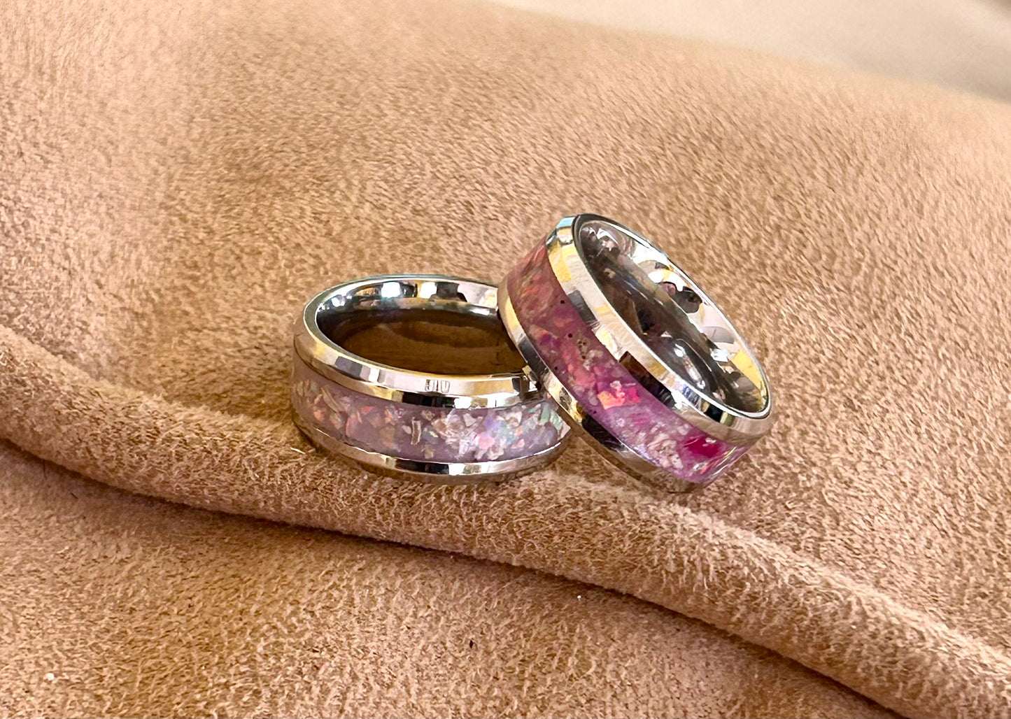 Cremation Ashes Ring Band, Custom Memorial Ash Inlay Ring in Stainless Steel Opal Mix Keepsake Jewelry