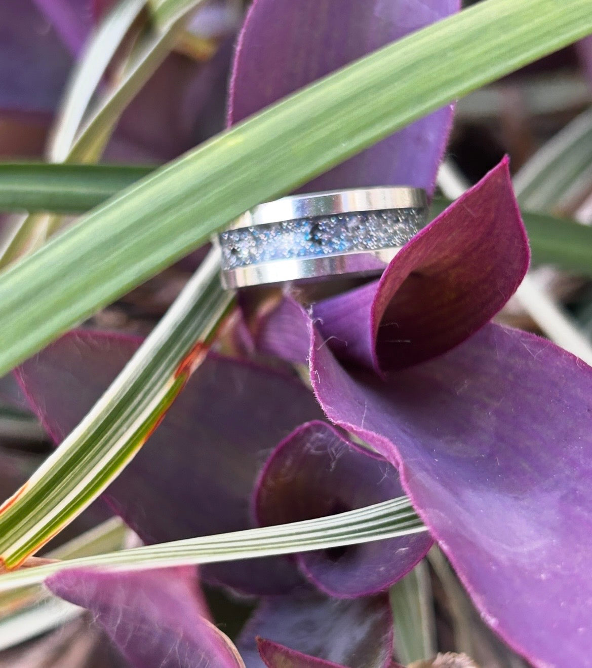 Cremation Ashes Ring Band, Custom Memorial Ash Inlay Ring in Stainless Steel Opal Mix Keepsake Jewelry