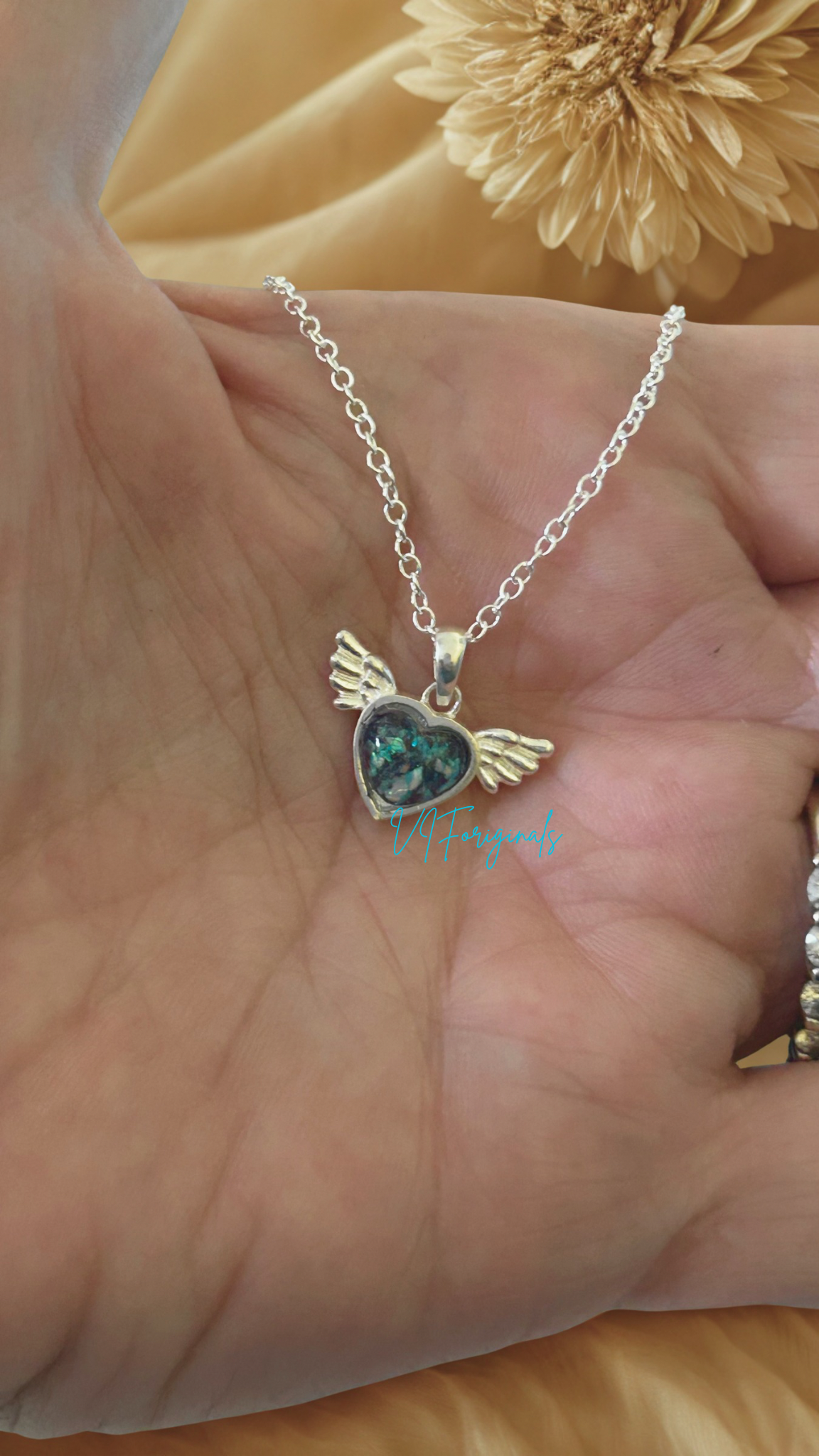 Angel Wing Ash Necklace, Human, Pet Memorial Jewelry, Ashes keepsake, Heart Necklace for ashes, Sterling Silver, Gold Cremation Jewelry with Opal