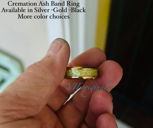Cremation Ashes Ring Band, Custom Memorial Ash Inlay Ring in Gold Silver Black, Opal Mix Keepsake Jewelry