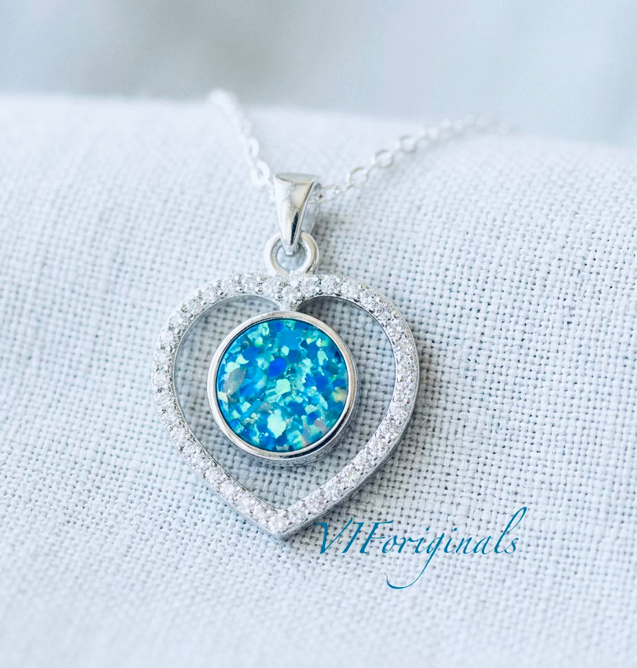 Cremation Ash Necklace, Human, Pet Memorial Jewelry, Ashes keepsake, Heart Necklace for ashes, Sterling Silver, Cremation Jewelry with Opal