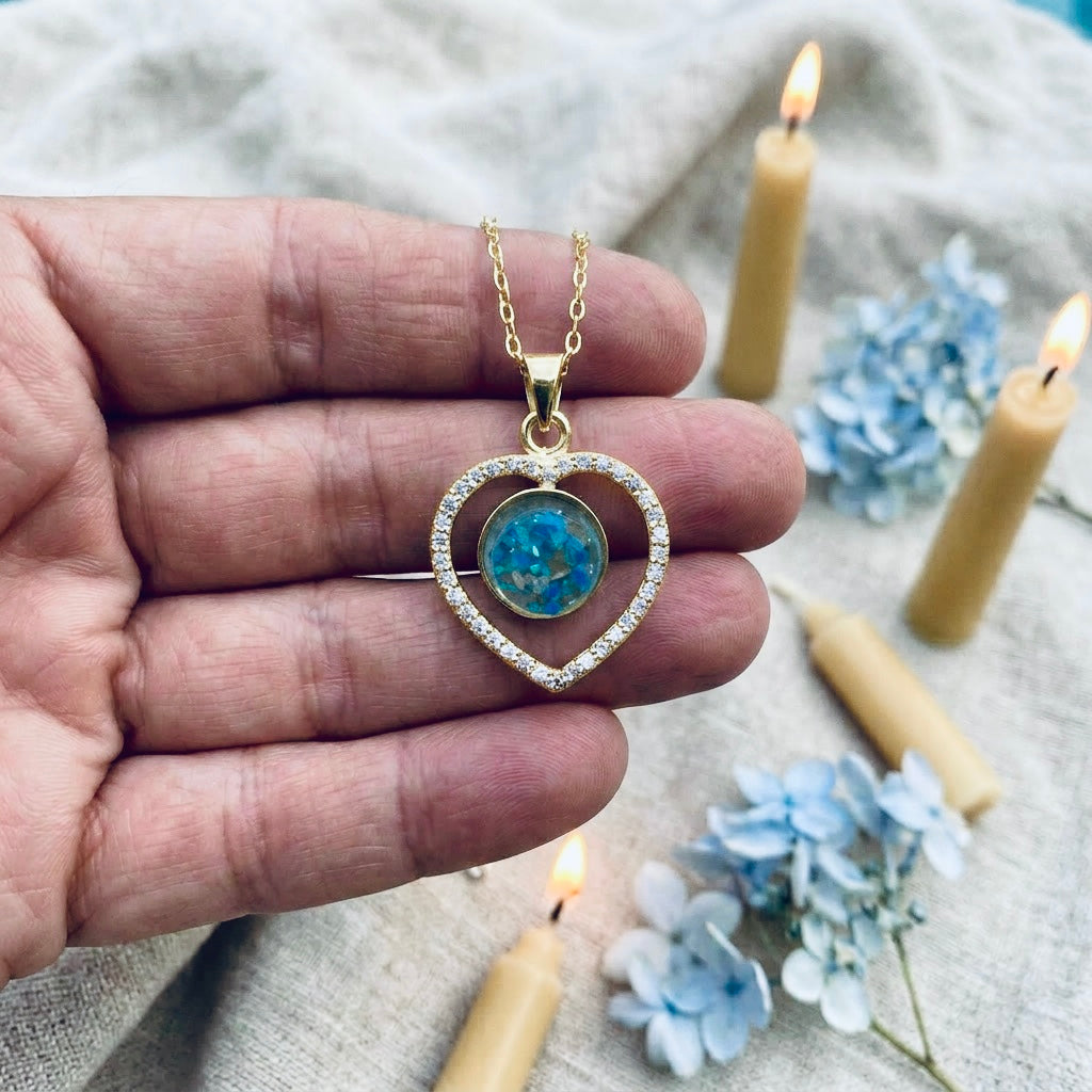 Cremation Ash Necklace, Human, Pet Memorial Jewelry, Ashes keepsake, Heart Necklace for ashes, Sterling Silver, Cremation Jewelry with Opal