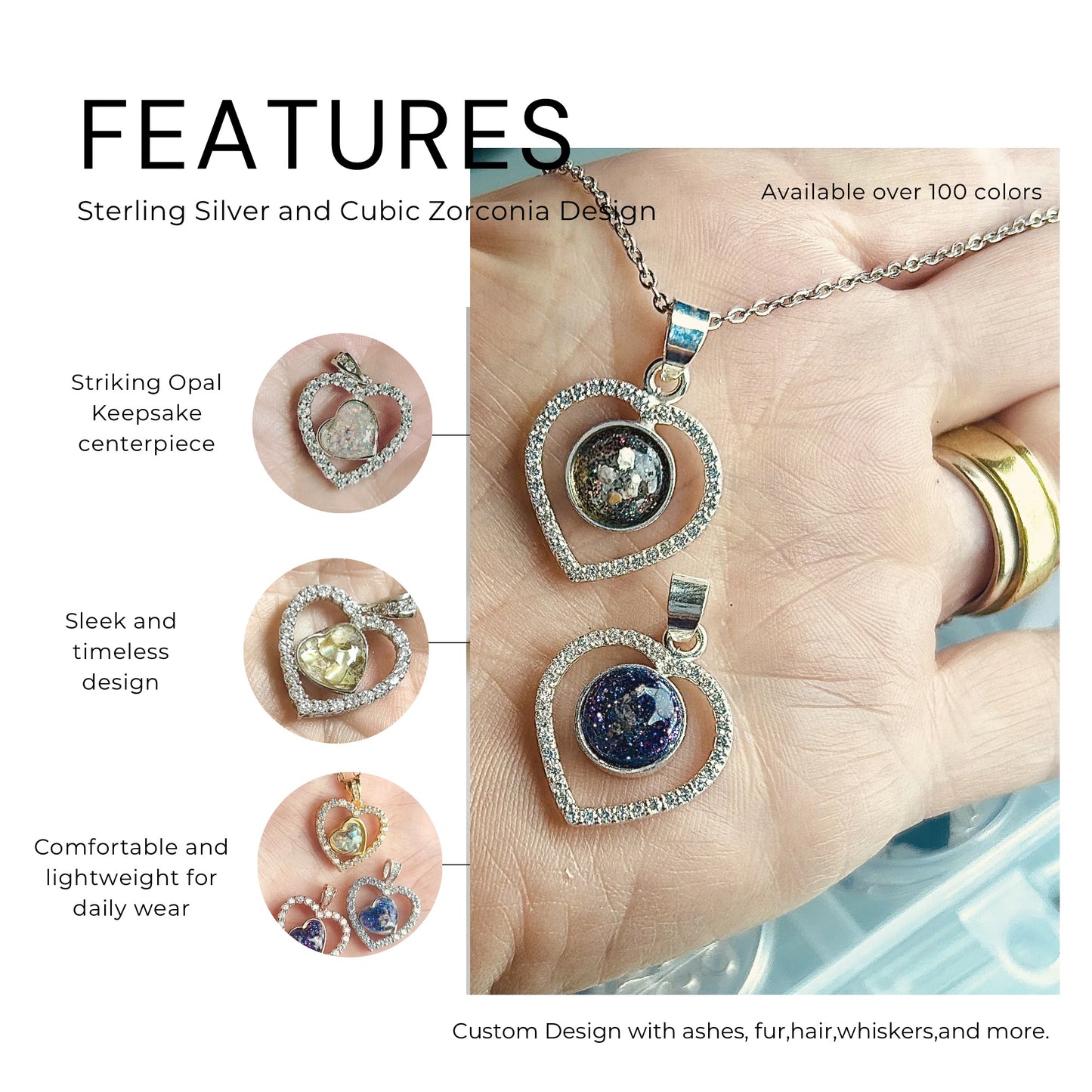 Cremation Ash Necklace, Pet Memorial Jewelry, Ashes keepsake, Heart Necklace for ashes, Sterling Silver, Gold Cremation Jewelry with Opal