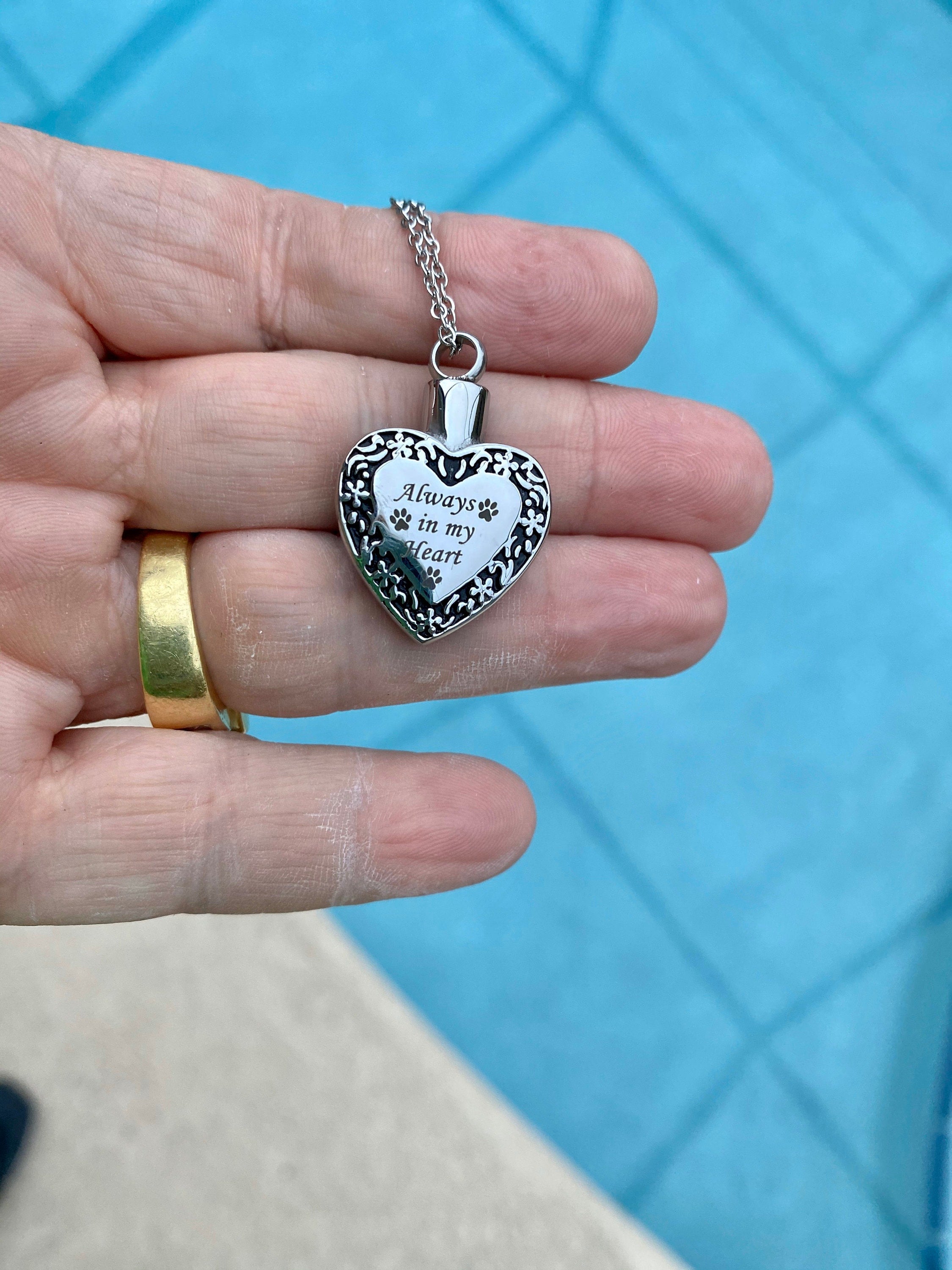 Pet Cremation Urn Necklace: Stainless Steel Heart Locket, Paw Prints