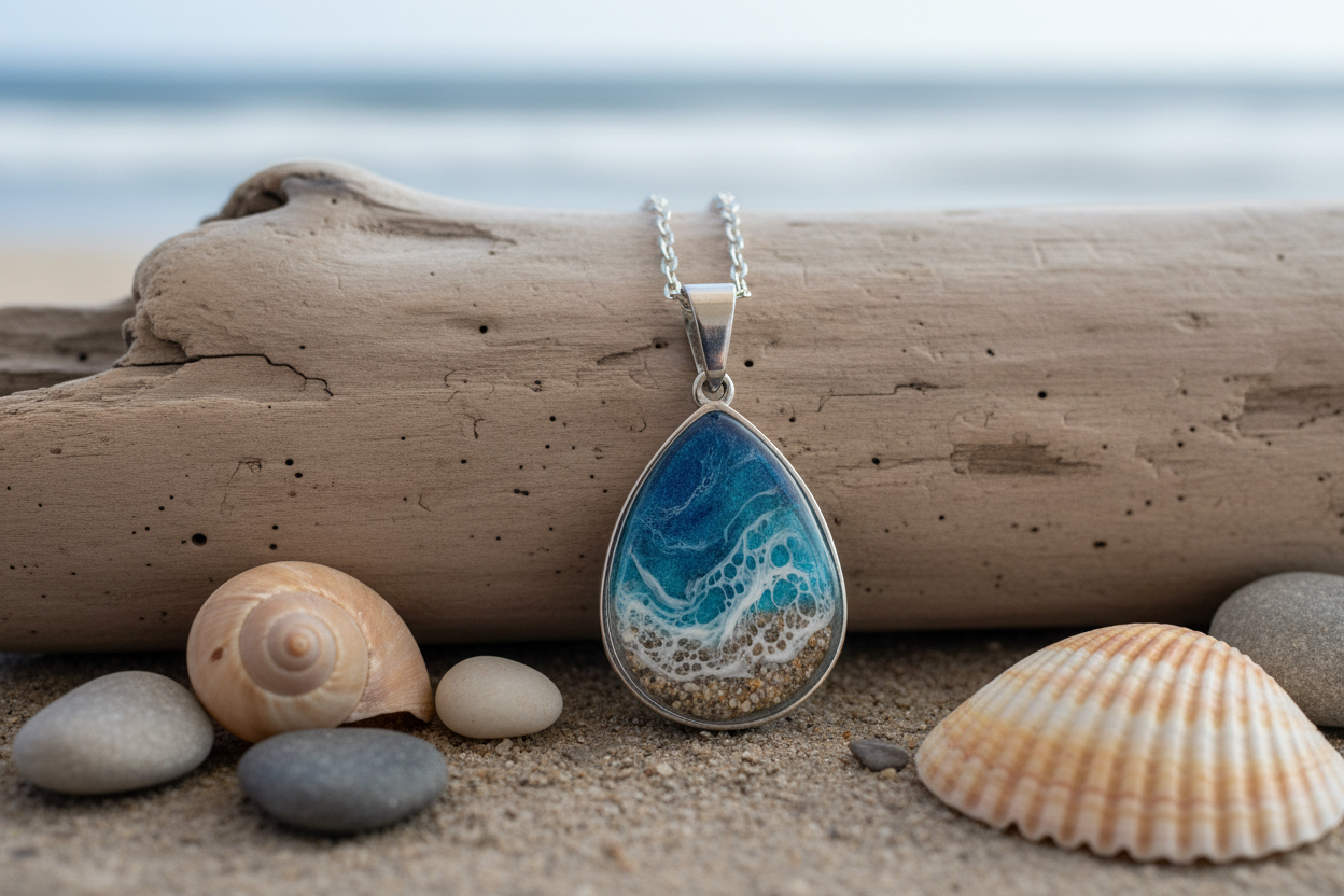 Teardrop Cremation Art Necklace in Ocean Setting
